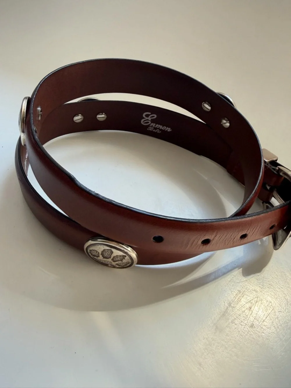 Enmon Clemson Belt Italian Saddle Leather Brown Silver Size 34